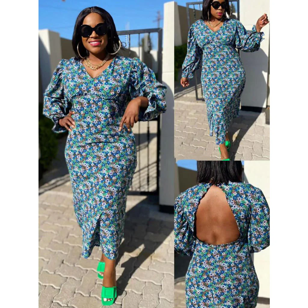 Floral V-Neck Backless Dress - Image 3