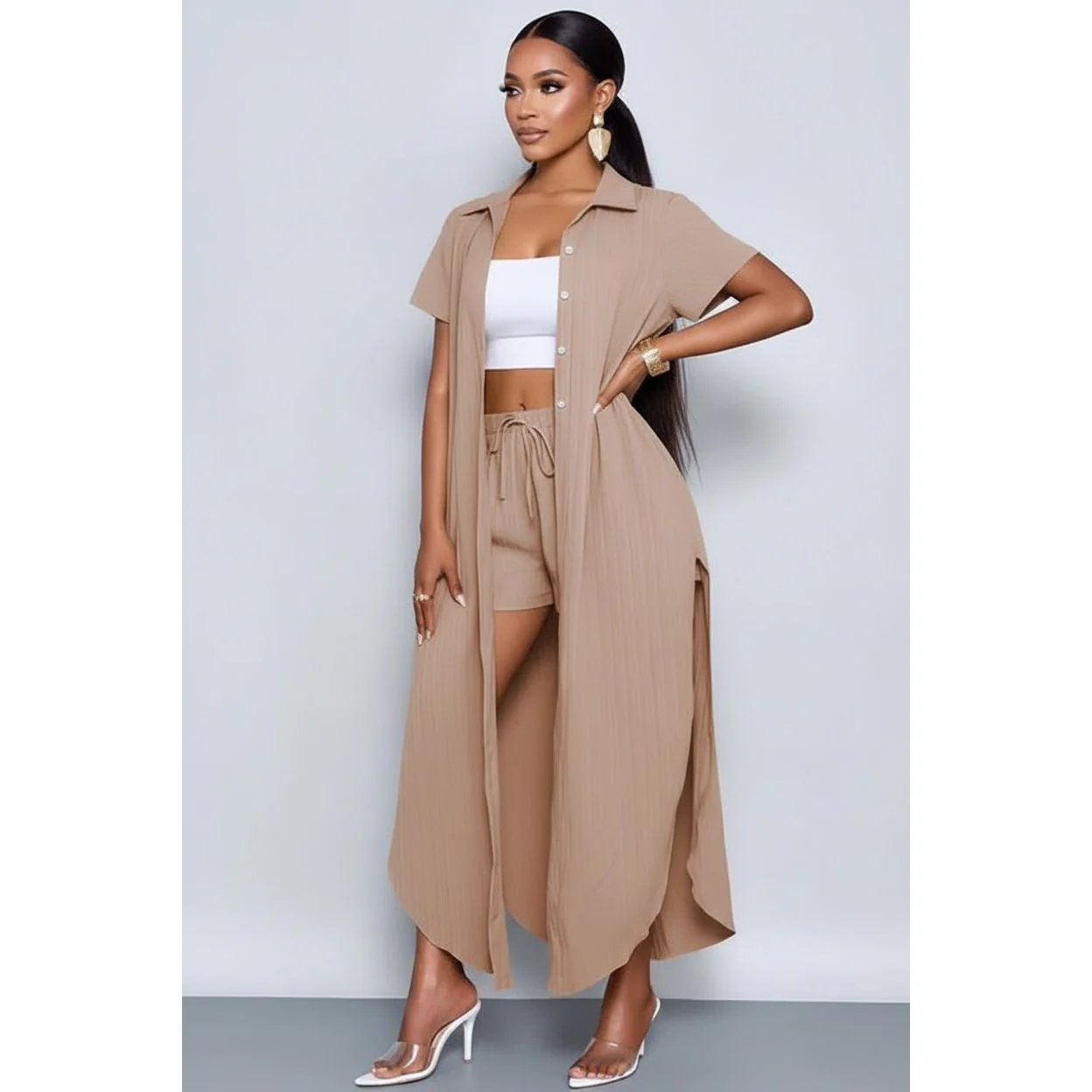 Button Down Short Sleeve Side Slit Shirt And Short Pants Sets - Image 3
