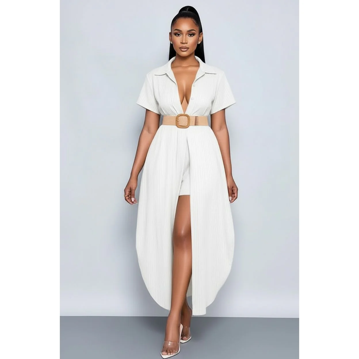 Button Down Short Sleeve Side Slit Shirt And Short Pants Sets - Image 4