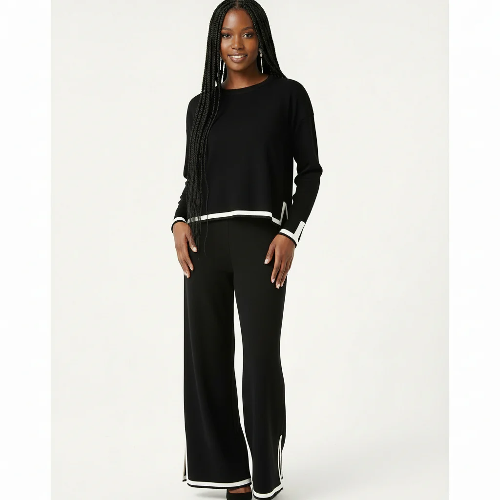 2 Piece Outfits Long Sleeve Knit Sweater Top Wide Leg Pants - Image 2