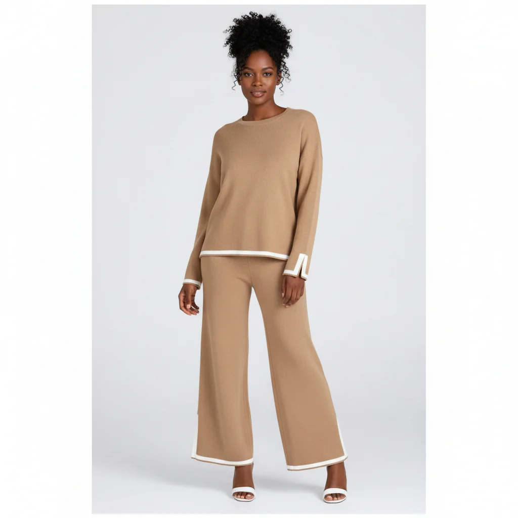 2 Piece Outfits Long Sleeve Knit Sweater Top Wide Leg Pants - Image 3