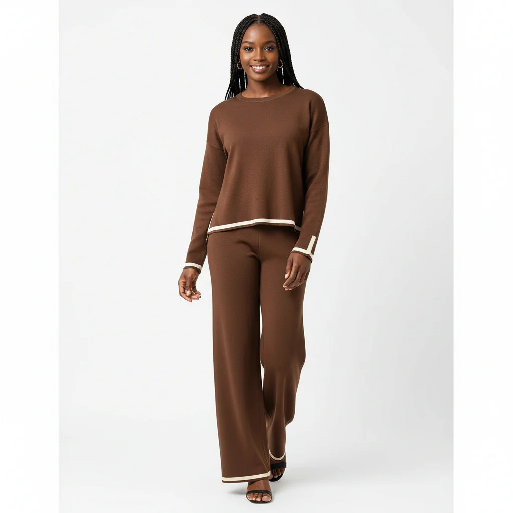 2 Piece Outfits Long Sleeve Knit Sweater Top Wide Leg Pants - Image 4