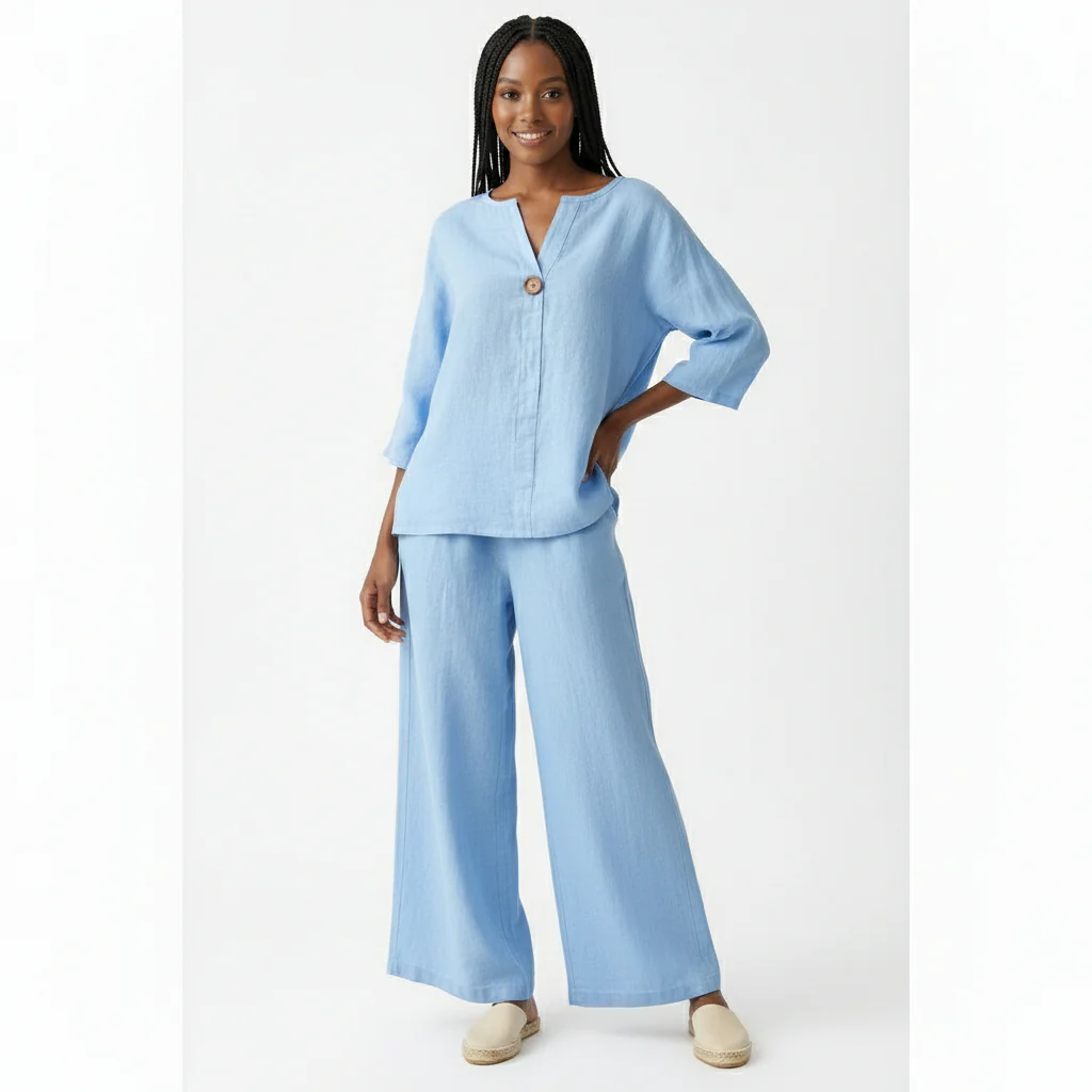 2 Piece Outfits Long Sleeve Shirt Top & Wide Leg Pants - Image 2