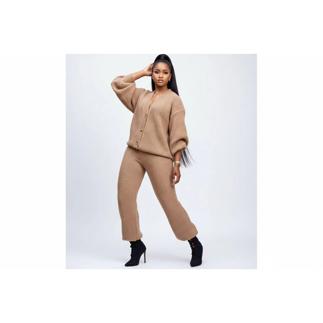 Knitted Loose Cardigan Elastic Waist Pant Two Piece Set - Image 2