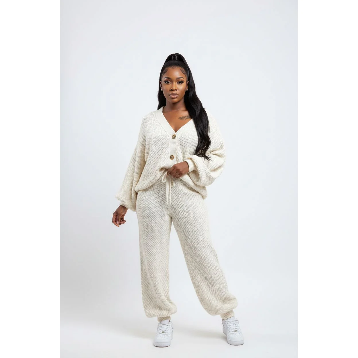 Knitted Loose Cardigan Elastic Waist Pant Two Piece Set - Image 3