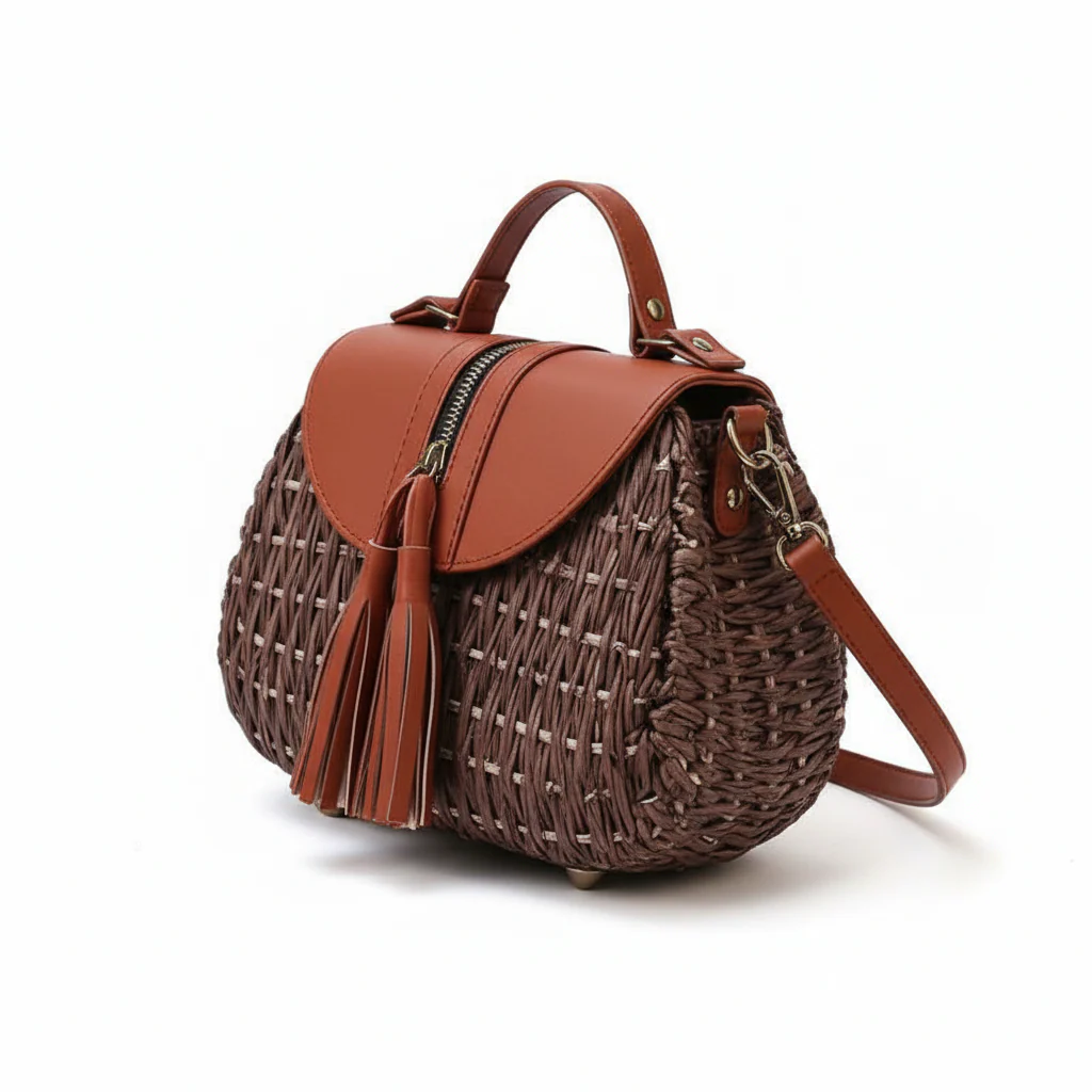 2 Tone Straw Weave Shoulder Handbag - Image 4