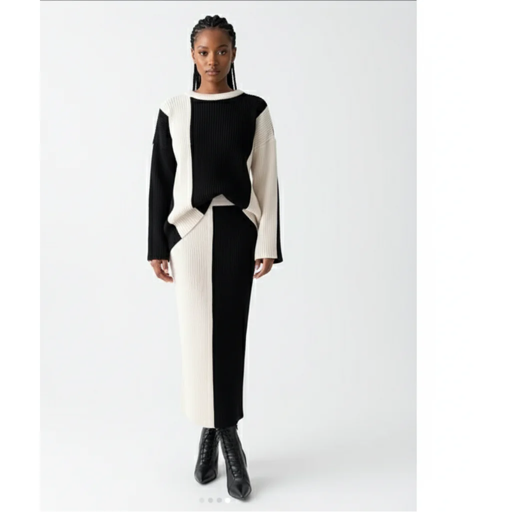 2 Tone Turtleneck Drop Shoulder Sweater & Knit Midi Skirt