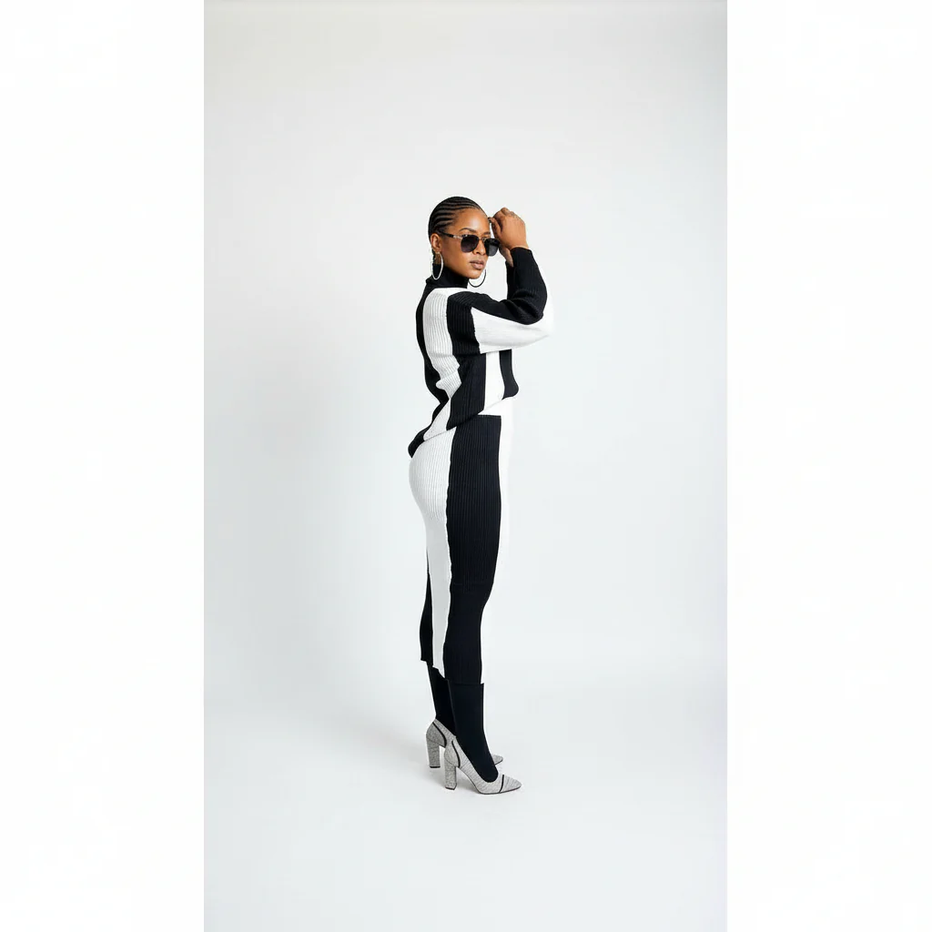 2 Tone Turtleneck Drop Shoulder Sweater & Knit Midi Skirt - Image 2