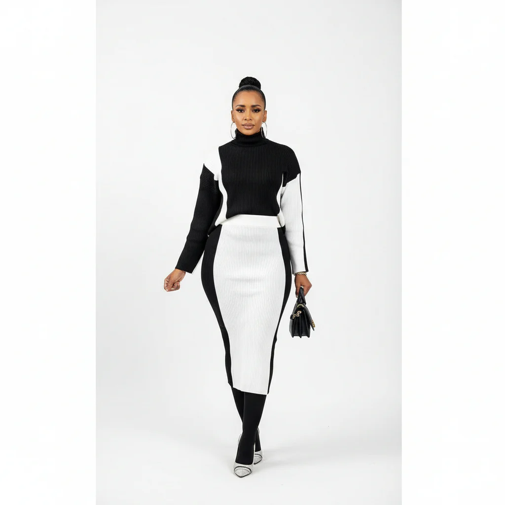 2 Tone Turtleneck Drop Shoulder Sweater & Knit Midi Skirt - Image 3