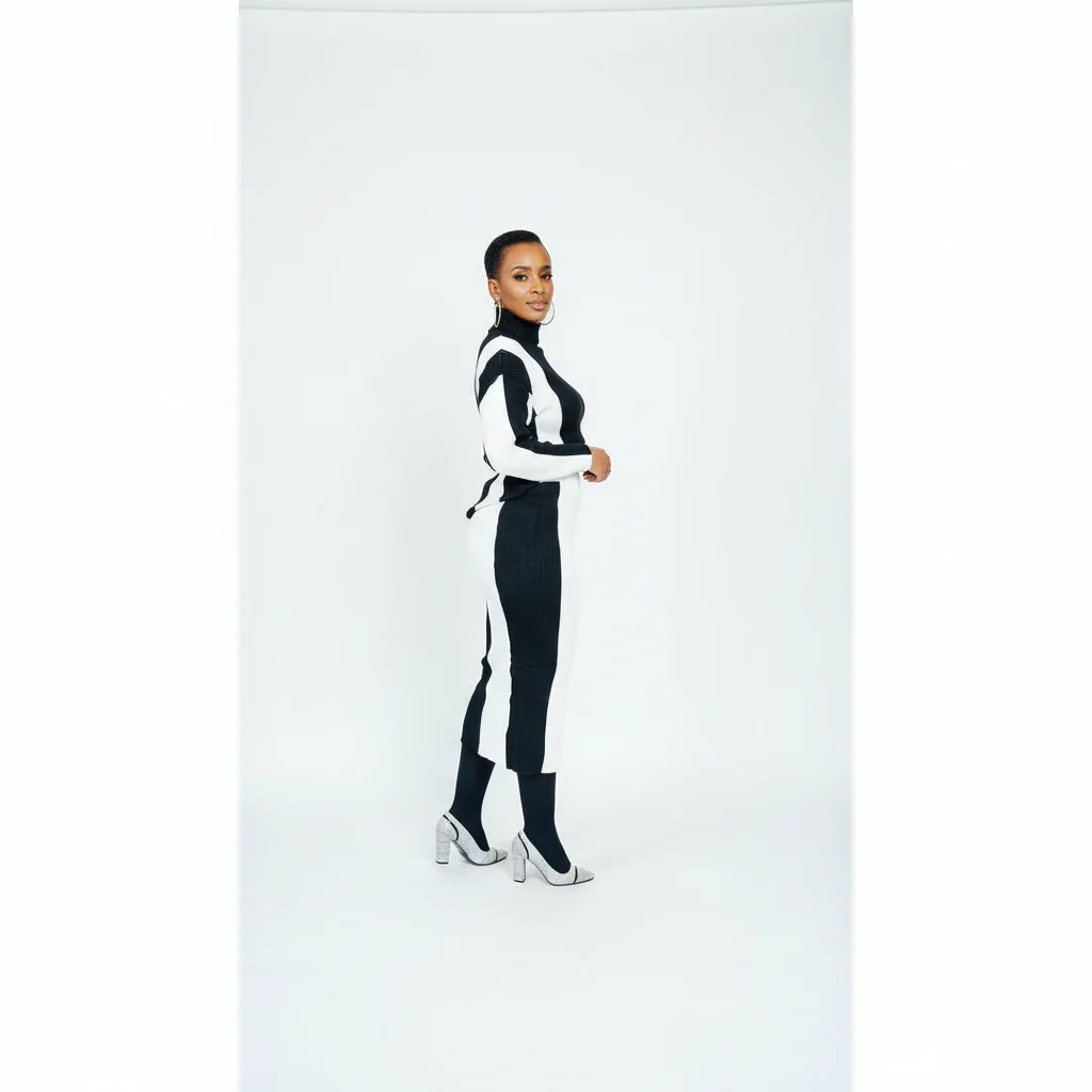 2 Tone Turtleneck Drop Shoulder Sweater & Knit Midi Skirt - Image 4