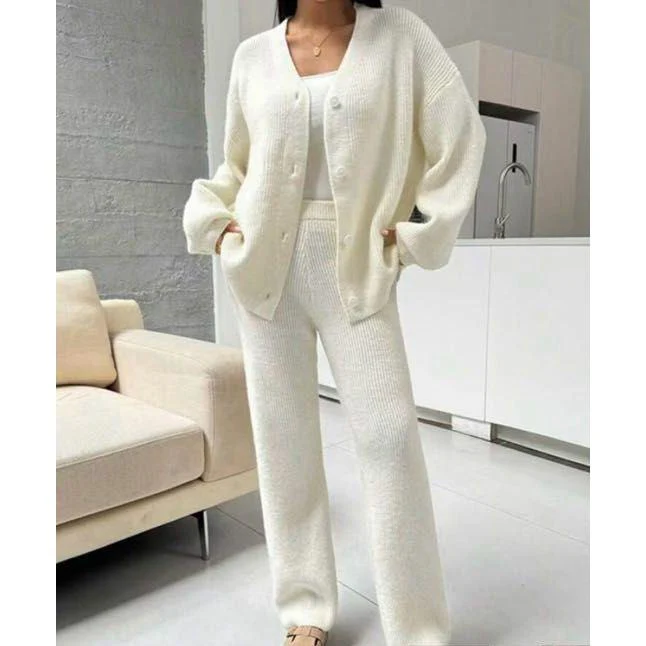 2pcs Casual Lantern Sleeve Cardigan And Pants Set - Image 3