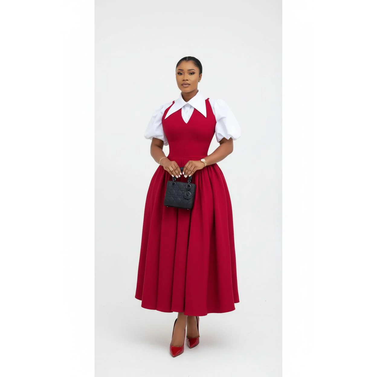 Bubble Sleeve Shirt Collar High Waist Slimming Dress