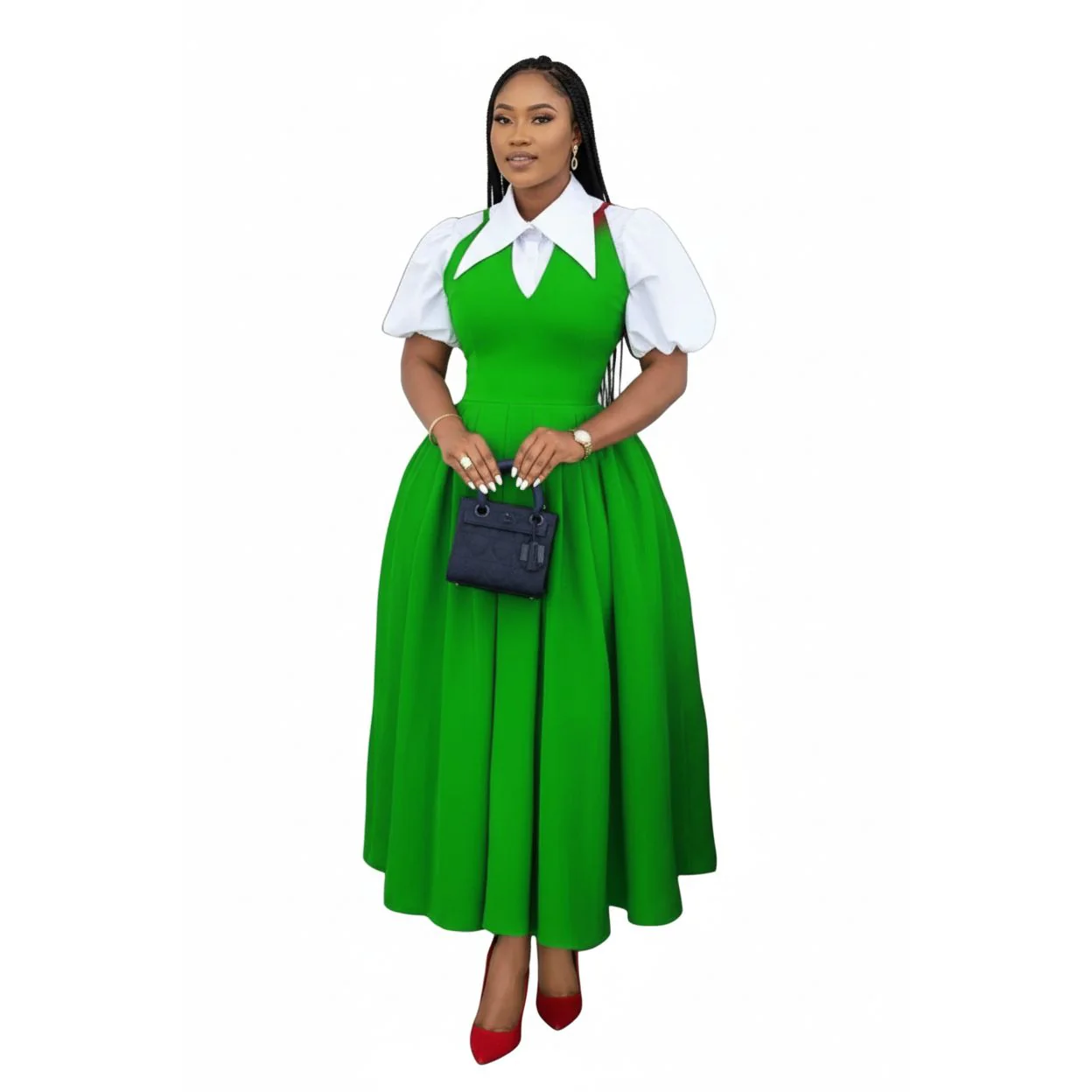 Bubble Sleeve Shirt Collar High Waist Slimming Dress - Image 2