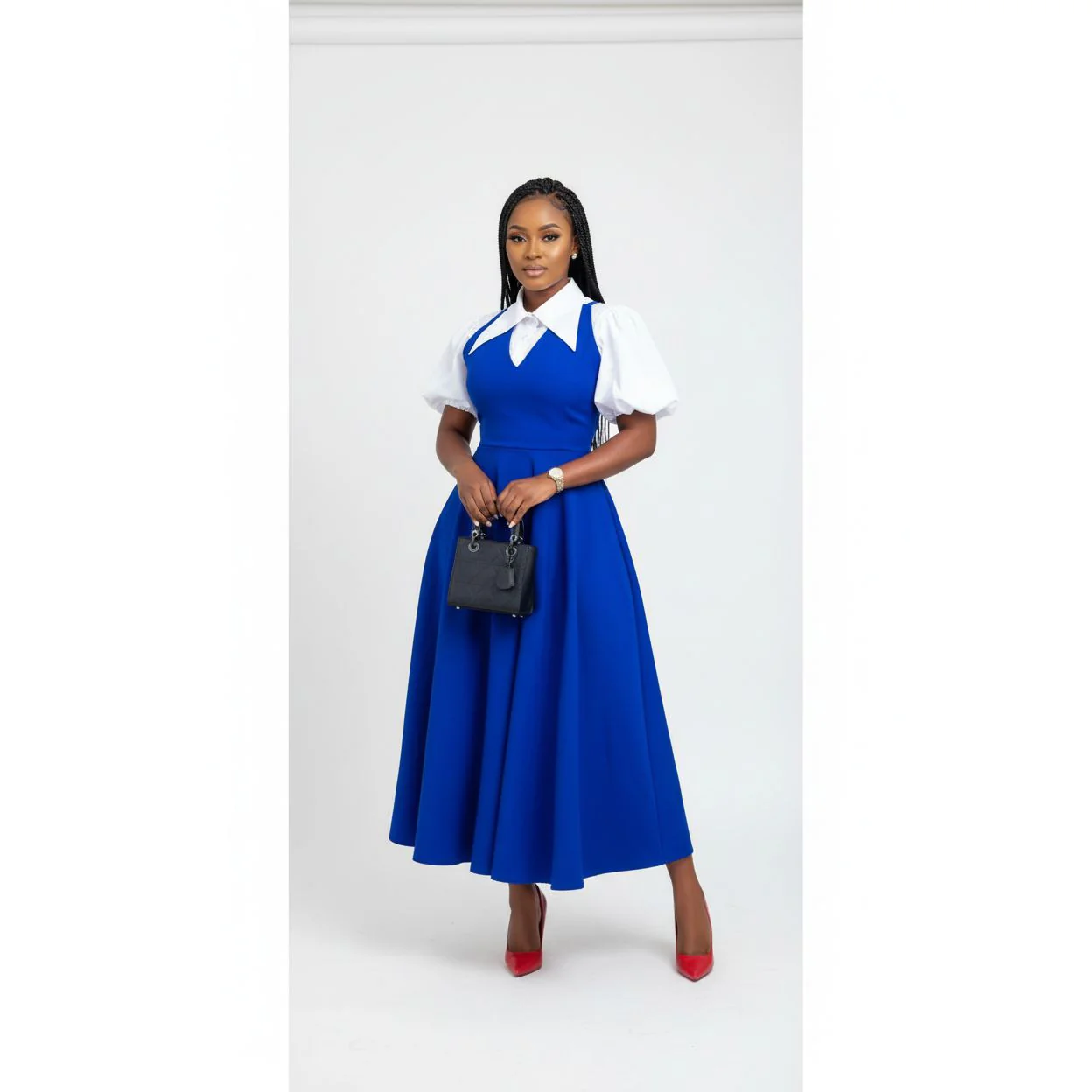 Bubble Sleeve Shirt Collar High Waist Slimming Dress - Image 3