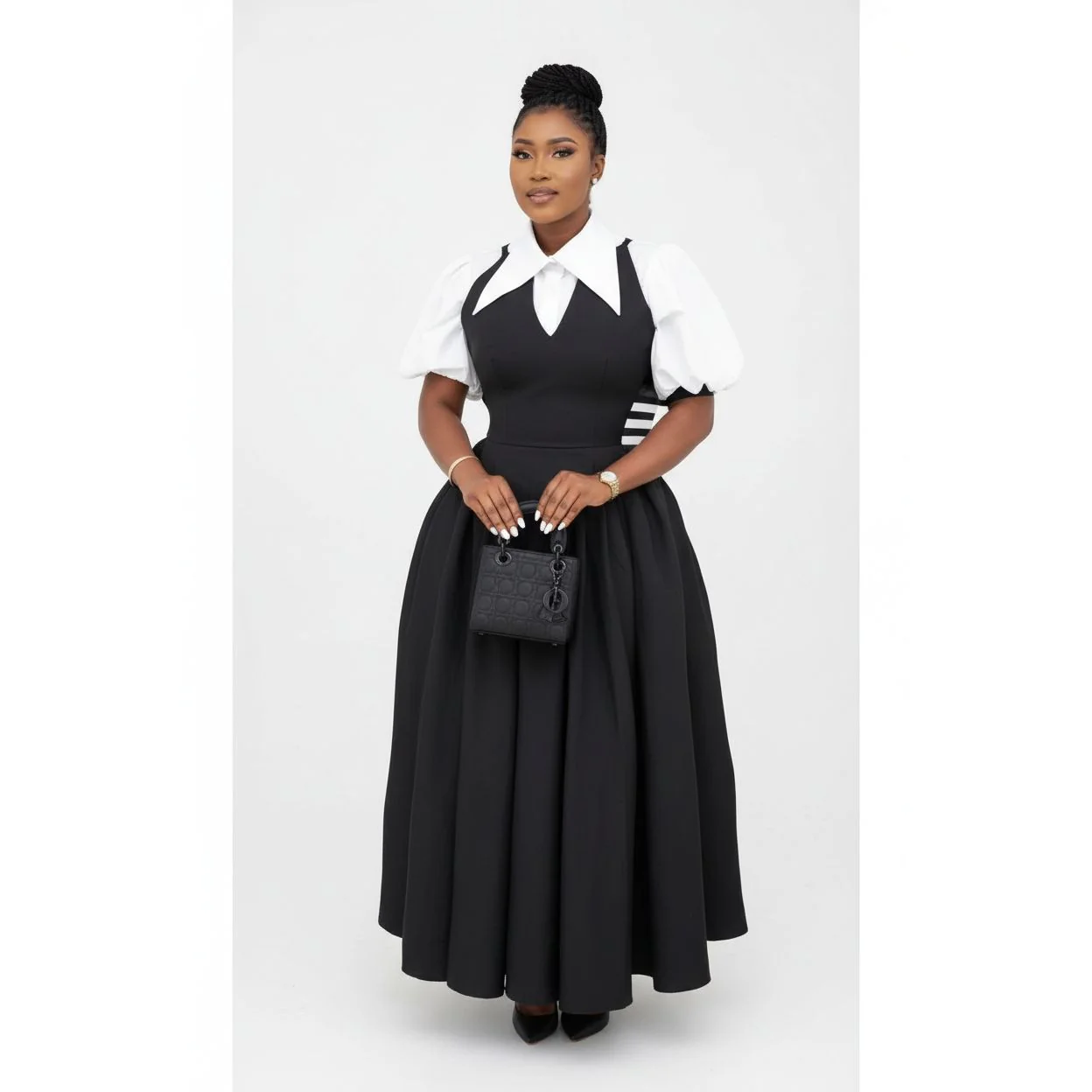 Bubble Sleeve Shirt Collar High Waist Slimming Dress - Image 4
