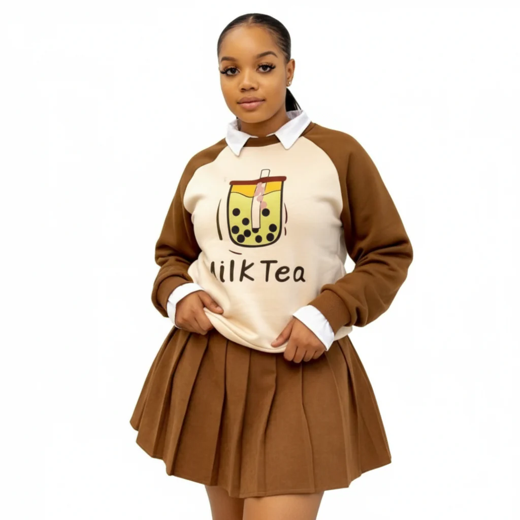 3-Piece Set a Long-Sleeve Sweatshirt And Pleated Mini Skirt - Image 2