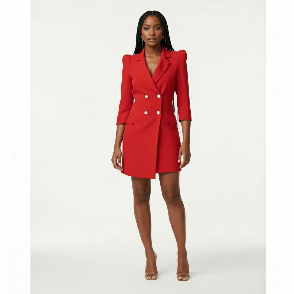 3 Quarter Sleeve Double Breasted Long Blazer - Image 4