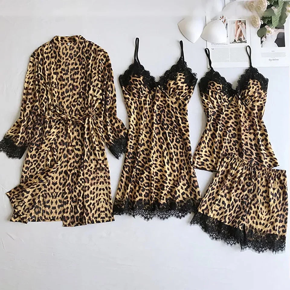 4 Pieces Pajamas Sets Satin Sleepwear Silk Set - Image 4