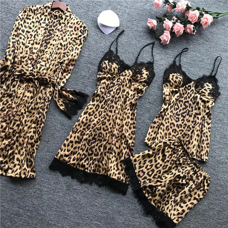 4 Pieces Pajamas Sets Satin Sleepwear Silk Set - Image 6
