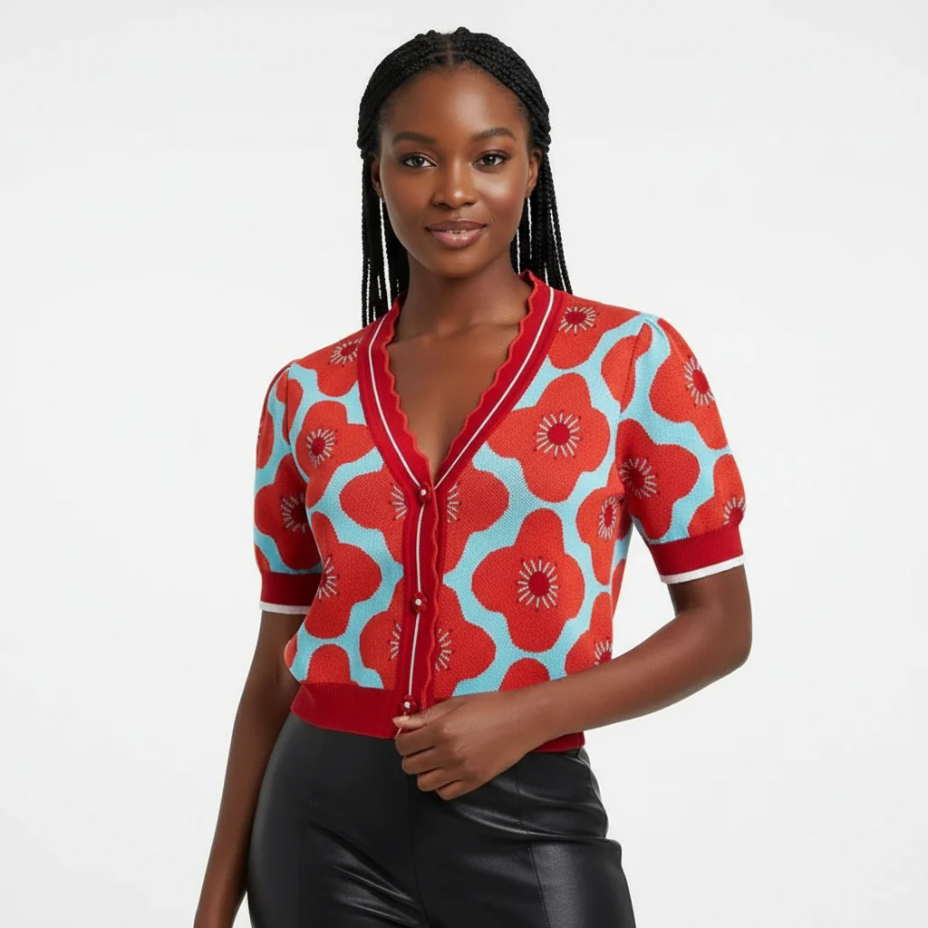 V-Neck Short Sleeve Buttoned Top - Image 4