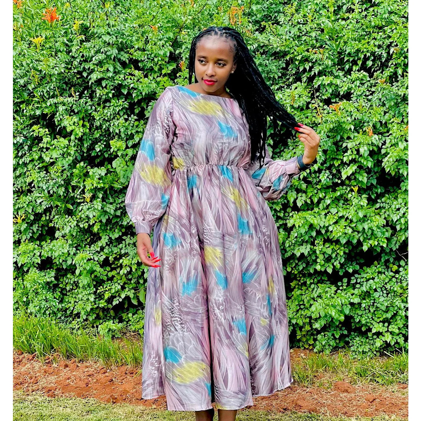 High Waist Round Neck Printed Dress - Image 2
