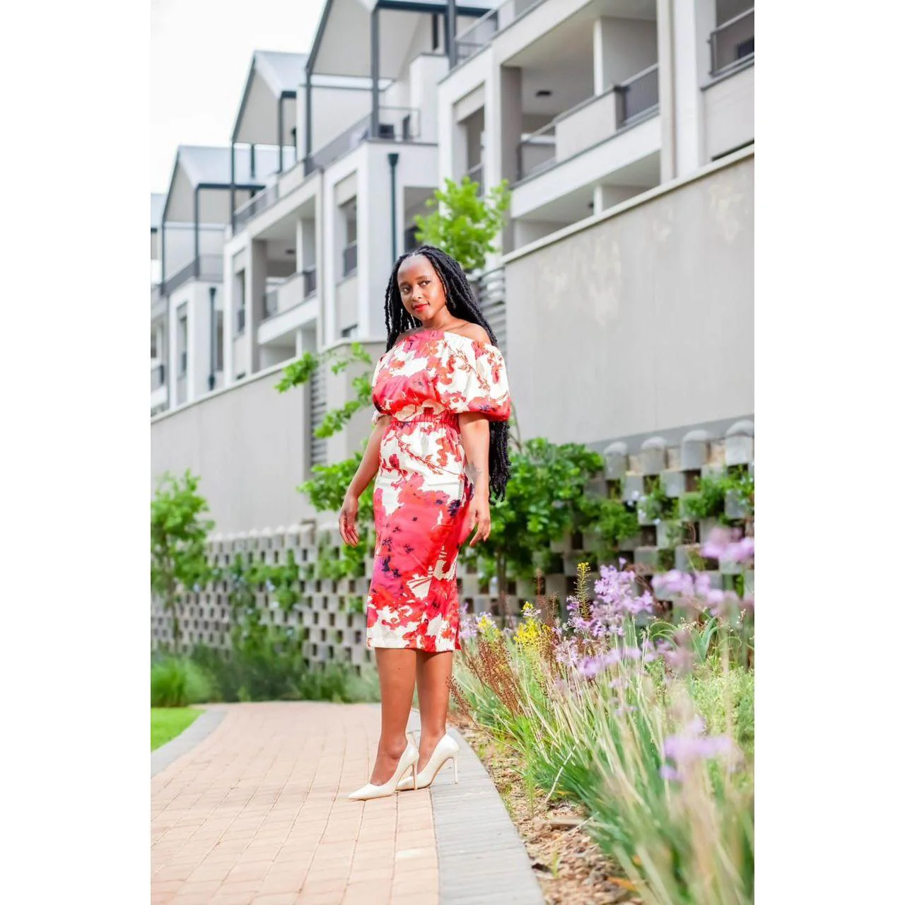 Slash Neck Off Shoulder Summer Floral Dress - Image 8