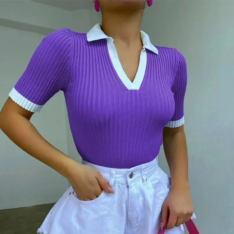 Knitted Short Sleeve V-Neck Blouse - Image 3