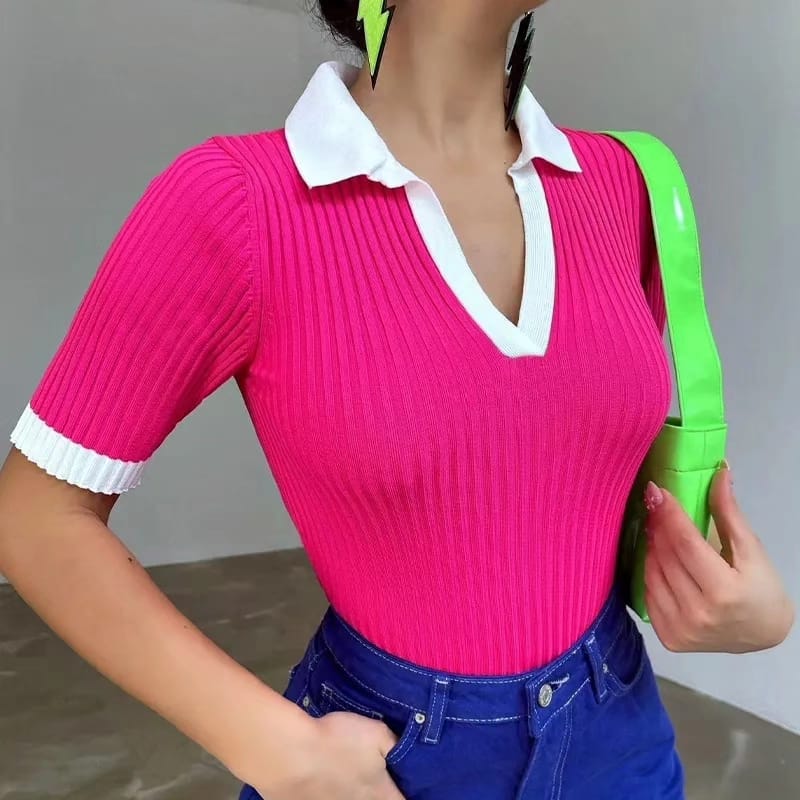 Knitted Short Sleeve V-Neck Blouse - Image 4