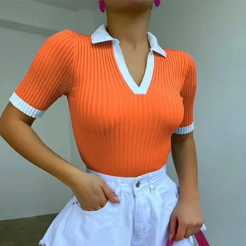 Knitted Short Sleeve V-Neck Blouse - Image 5