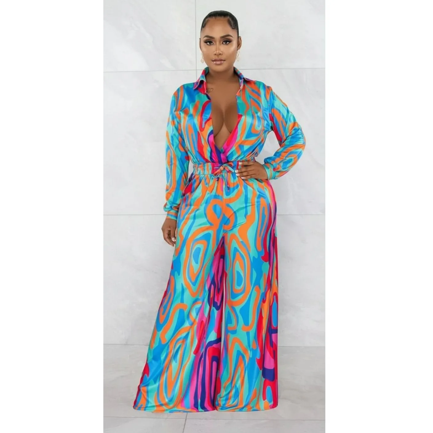 Button Detailed Wireless Print Jumpsuit - Image 2