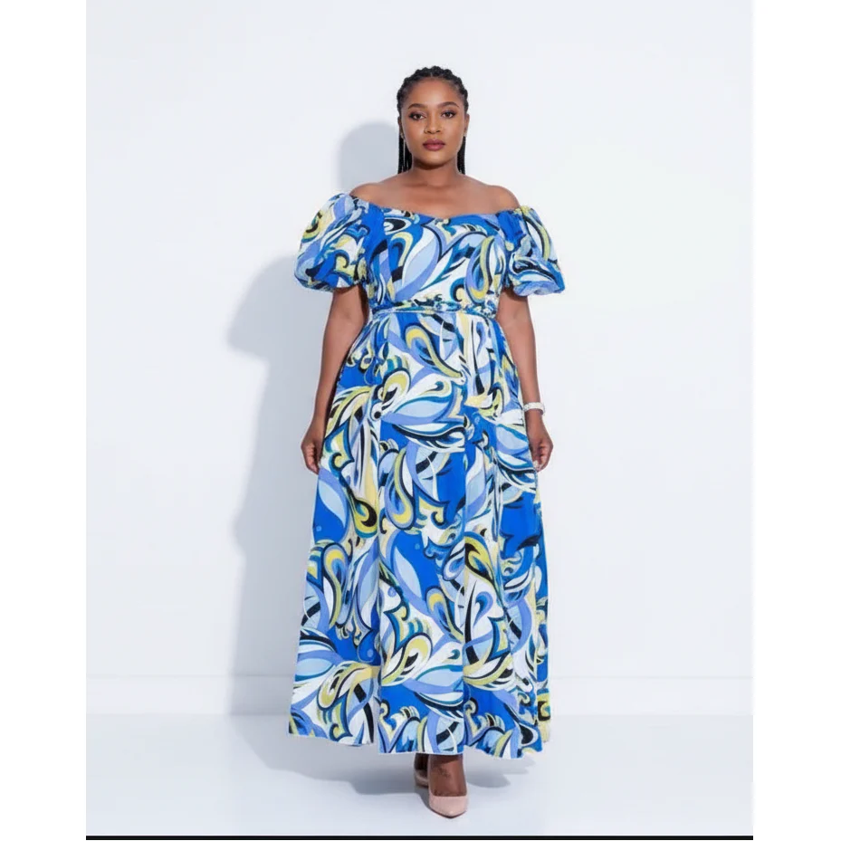 Abstract Print Off-Shoulder Long Dress. - Image 2