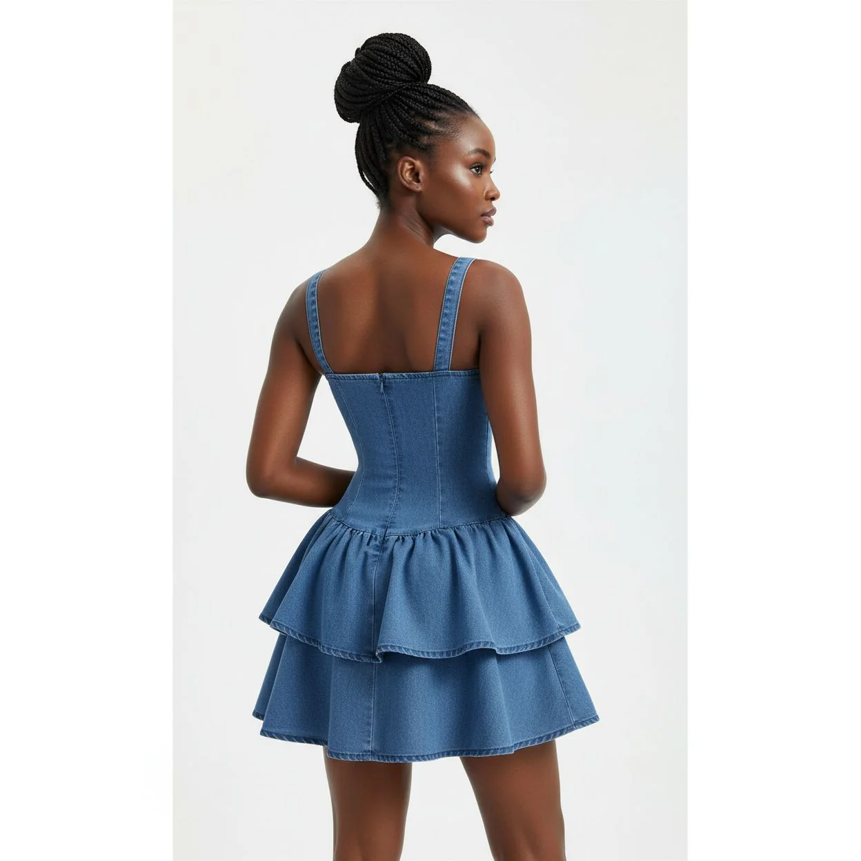 Bow Strap Asymmetrical Denim Double Layered Dress - Image 2