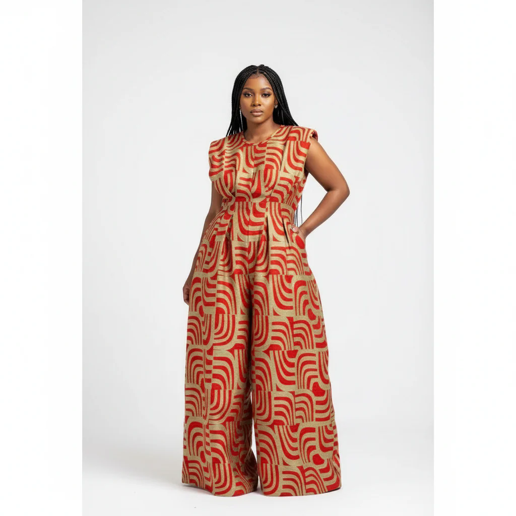 African Ankara Round Neck Pocket Wide Leg Jumpsuits