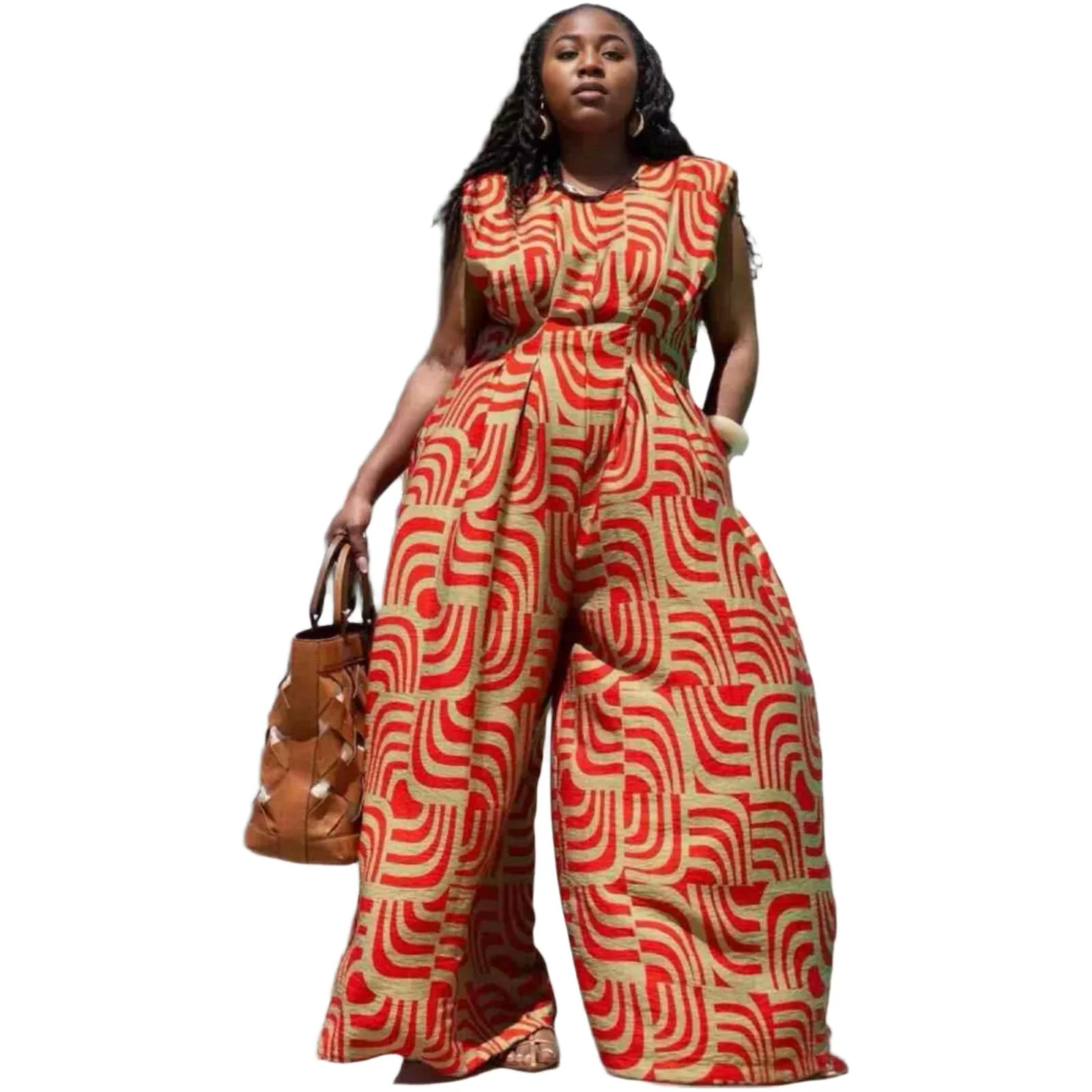 African Ankara Round Neck Pocket Wide Leg Jumpsuits - Image 2