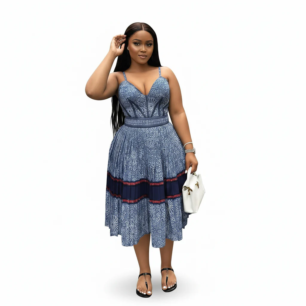 African Ankara Traditional Pleated Midi Dress