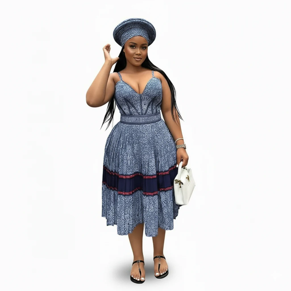 African Ankara Traditional Pleated Midi Dress - Image 2