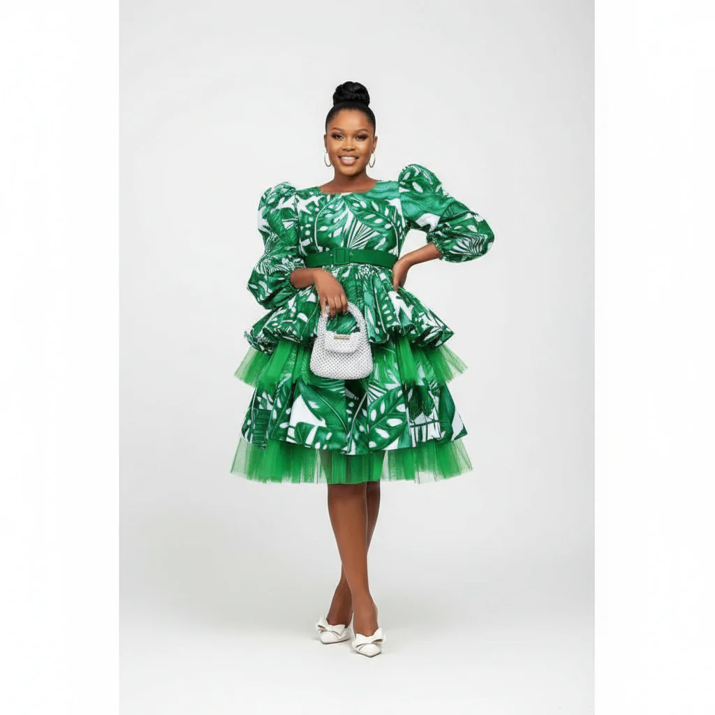 African Print Pleated short flare gown Midi Dress