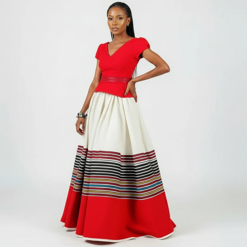 African Print V-Neck Traditional Dress - Image 2