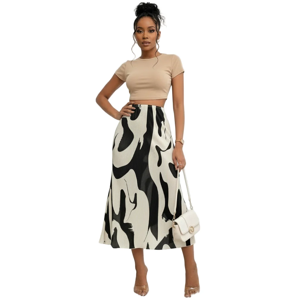 Allover Print Elastic Waist Skirt Maxi Women Outfit - Image 2