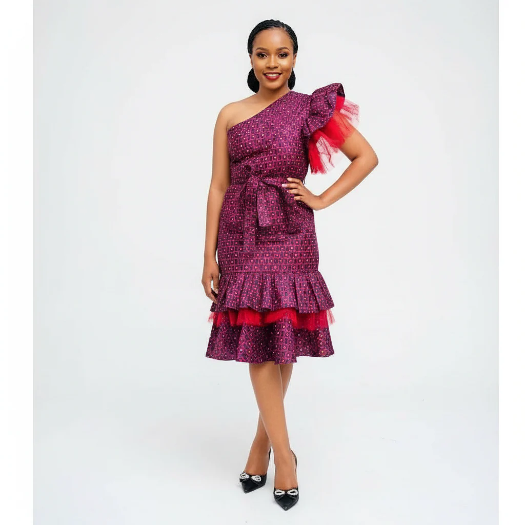 Ankara One Hand Off Shoulder Dress - Image 2