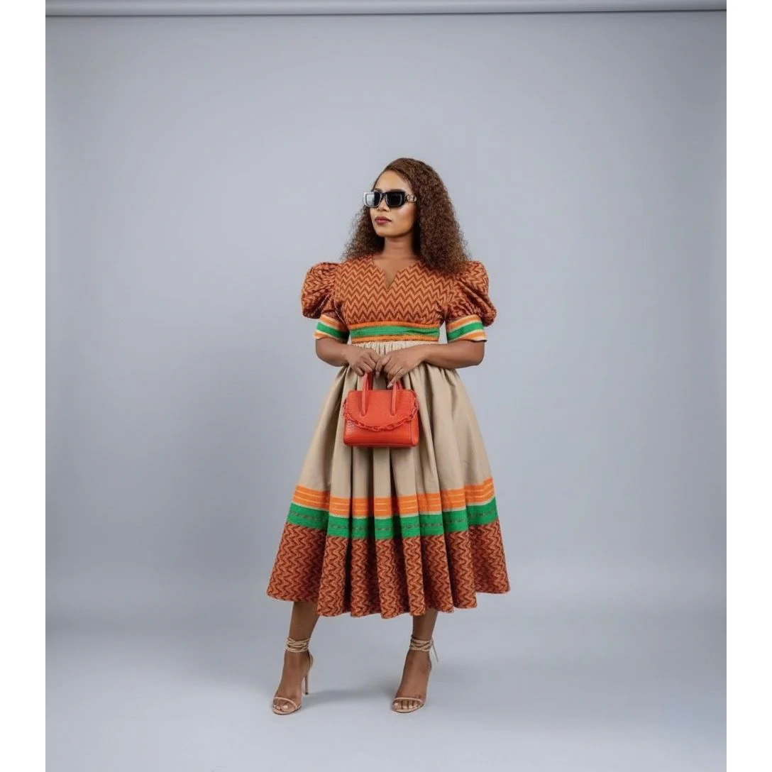 Ankara Print Puff Sleeve Midi Dress - Image 3