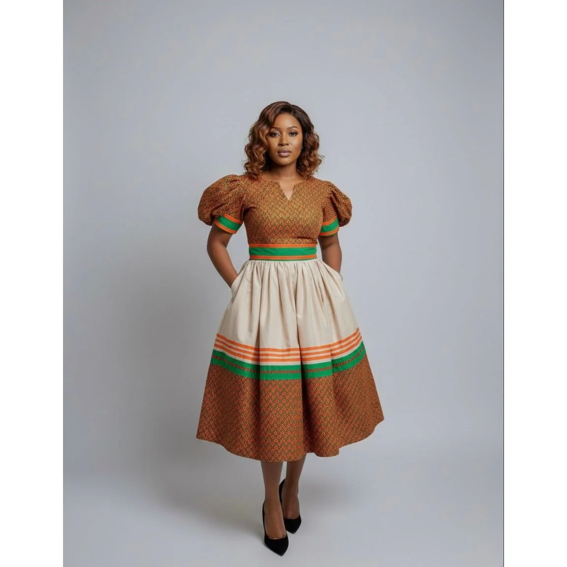 Ankara Print Puff Sleeve Midi Dress - Image 4