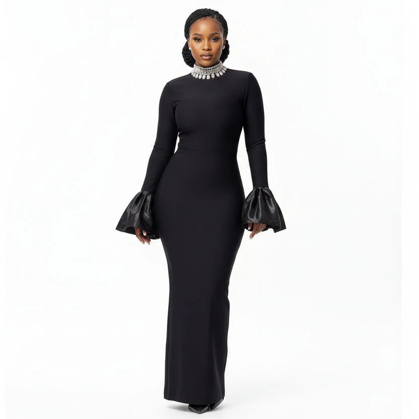 Mermaid Black Long Sleeves Prom Dress. - Image 2