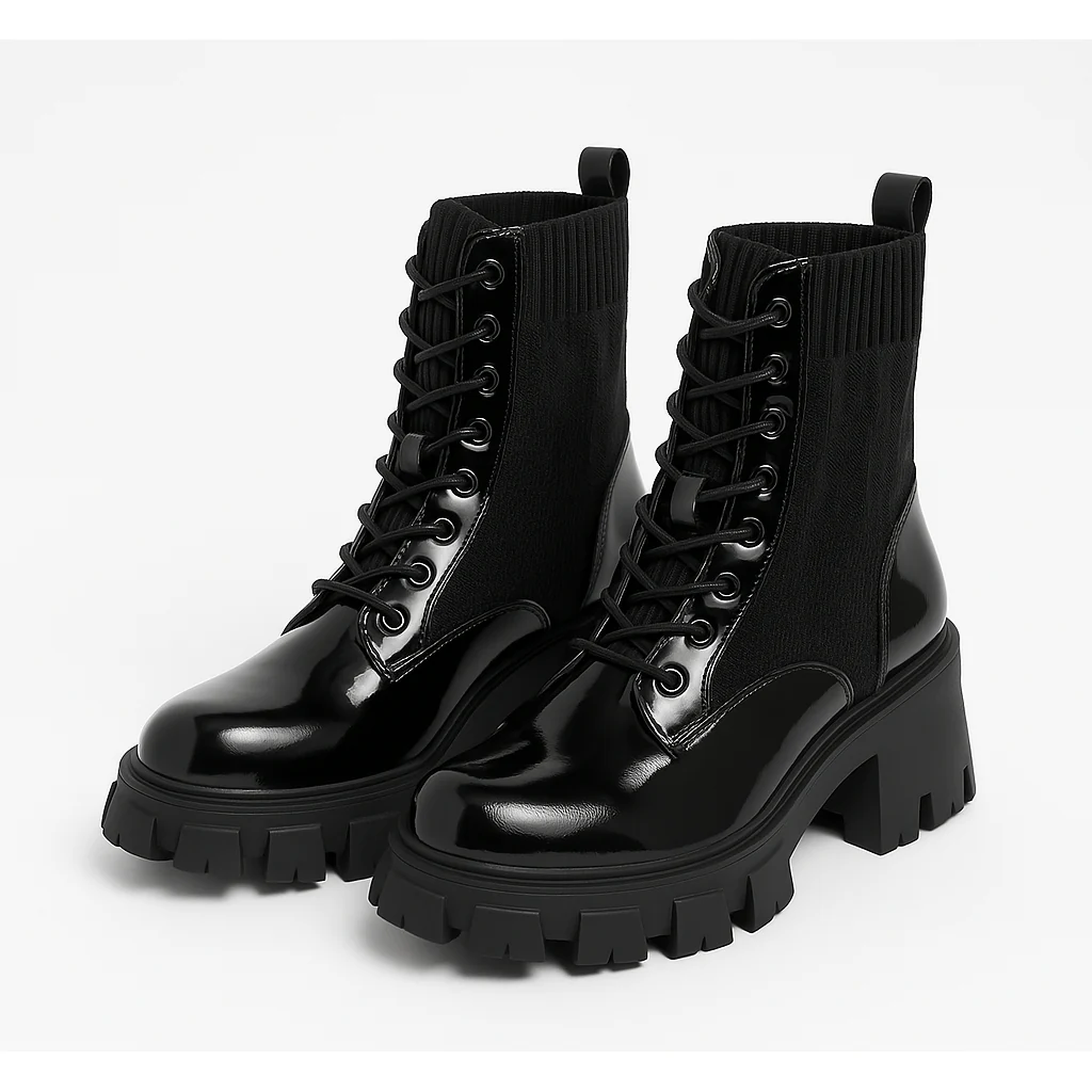 Ribbed Detailed Lace Up Combat Ankle Boots - Image 2
