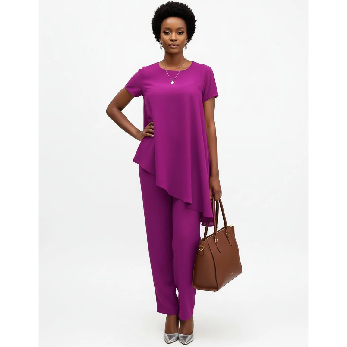 Asymmentric Bottom Short Sleeve Top and Pant Set. - Image 3