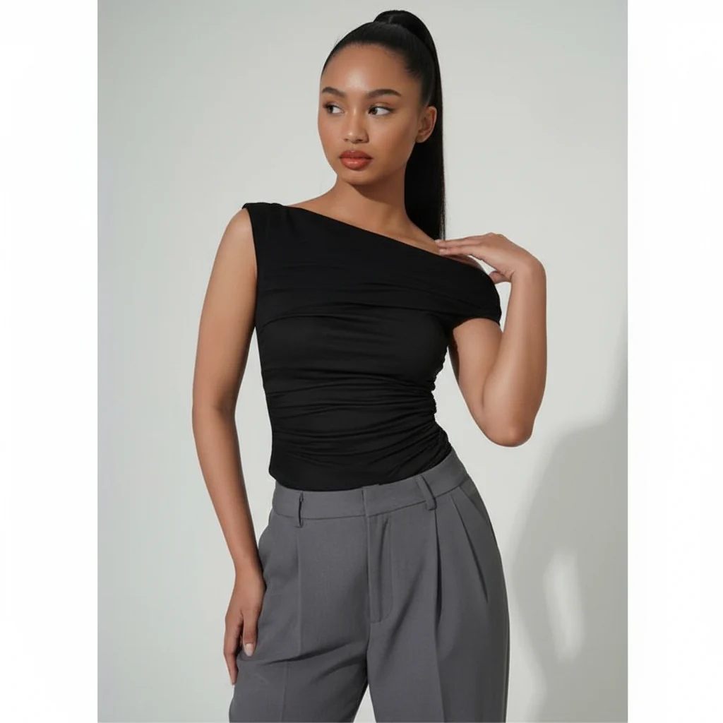 Asymmetrical Shoulder Short Sleeve Fitted T-Shirt Top
