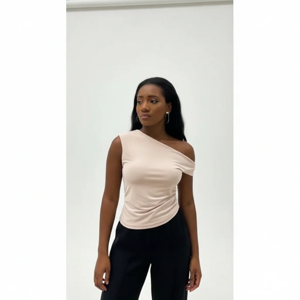 Asymmetrical Shoulder Short Sleeve Fitted T-Shirt Top - Image 2