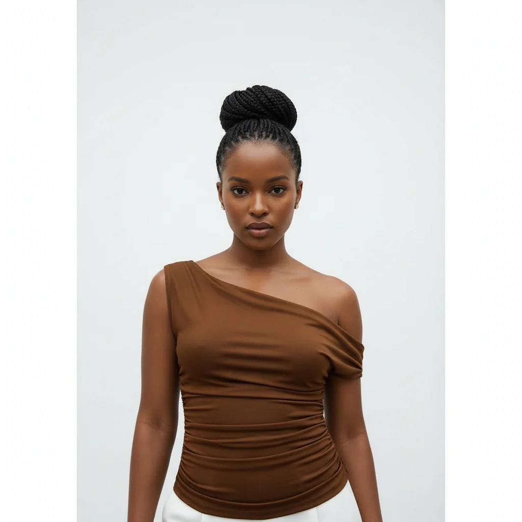 Asymmetrical Shoulder Short Sleeve Fitted T-Shirt Top - Image 3