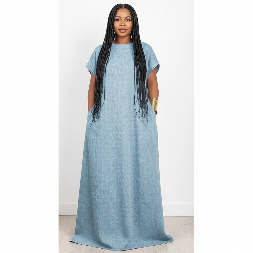 Back V-Neck Denim Maxi Dress - Image 2