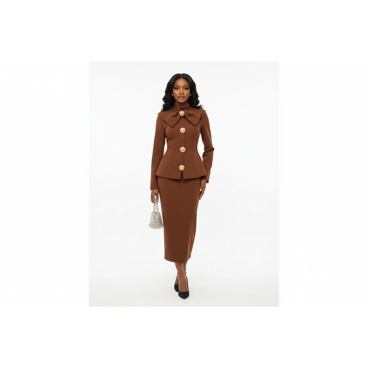 Big Bow Split Stand Collar Long Sleeve Midi Dress